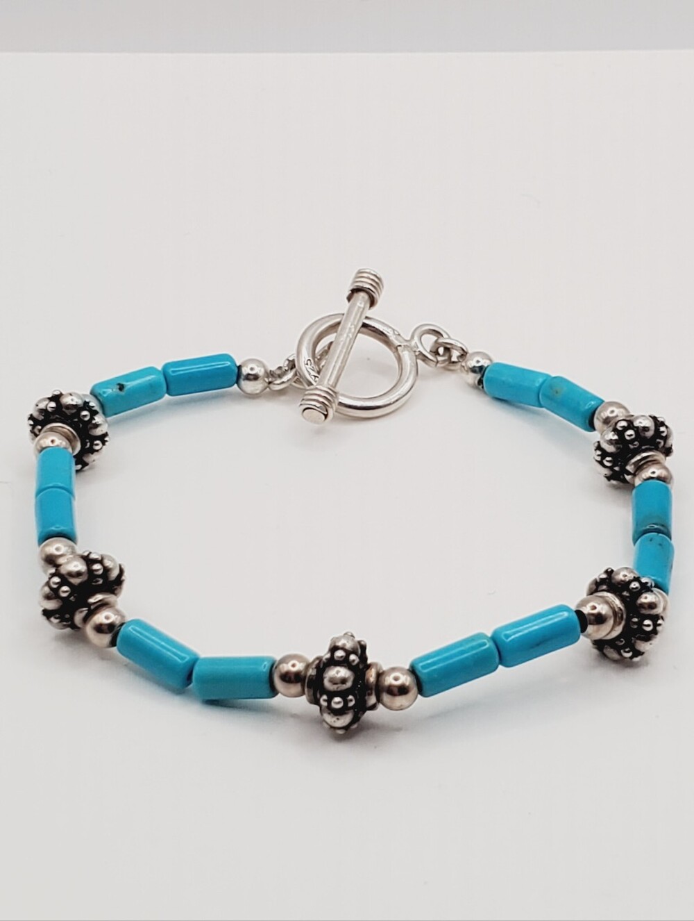 Genuine Turquoise 925 Sterling Silver Bead Bracelet With Toggle Clasp